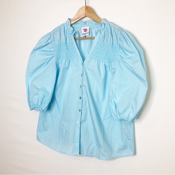 Hester & Orchard Blue puff sleeve, smocked detail button down blouse - Picture 8 of 9